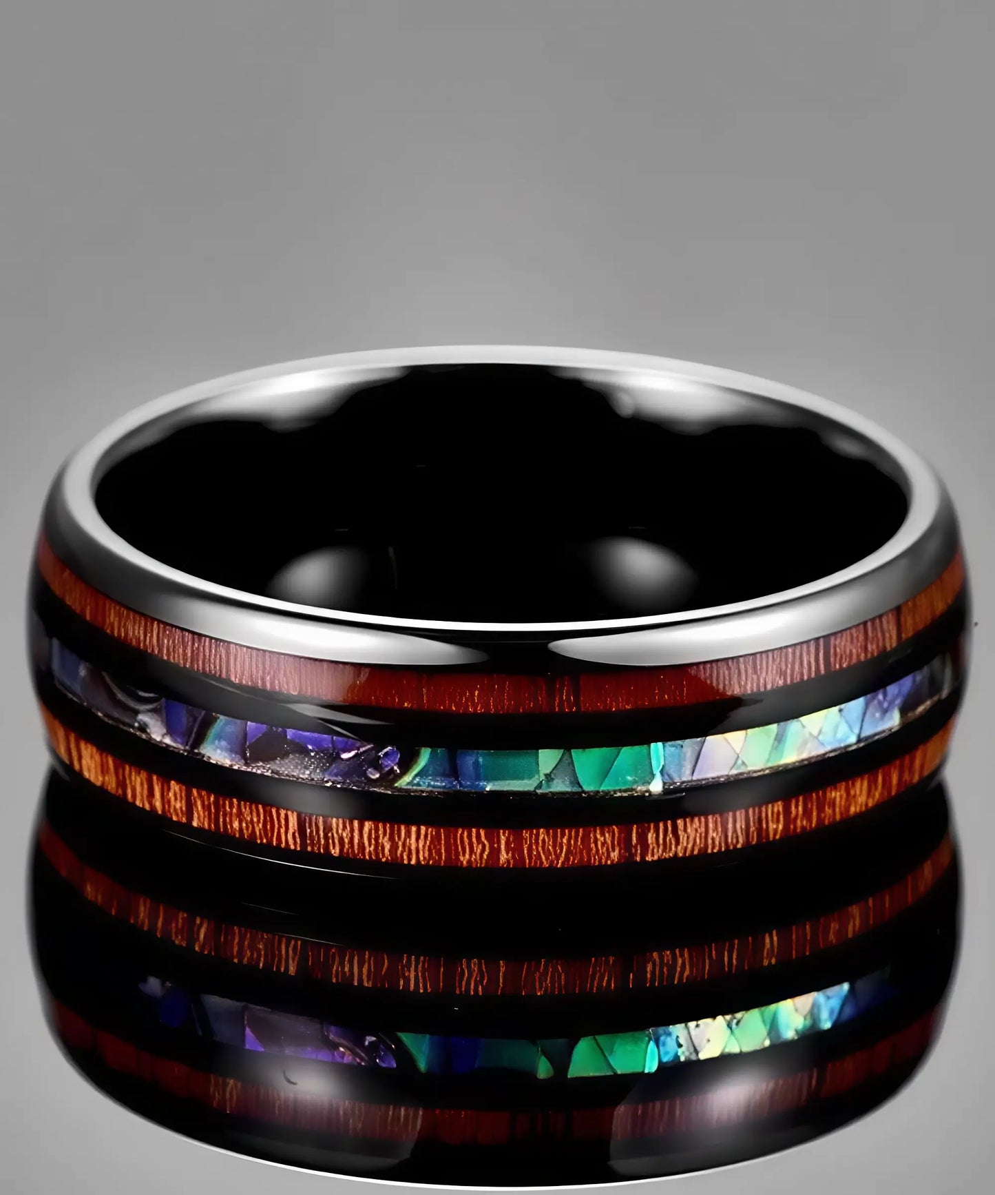Bague Ark noire en tungstène, ornée de deux bandes en bois de koa et d’une incrustation d’opale multicolore aux reflets bleus et verts, design raffiné et durable