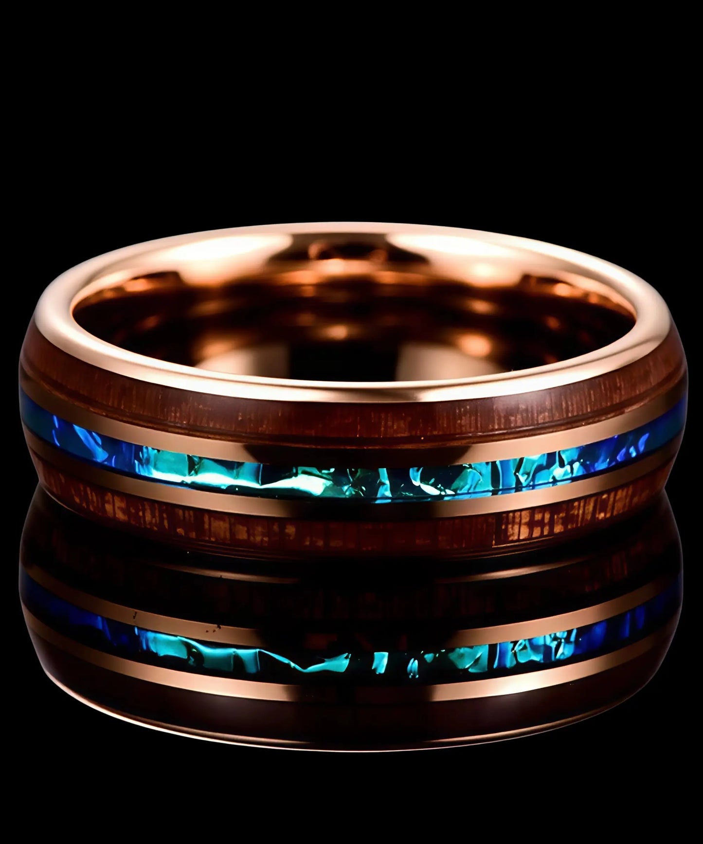 Bague en bois Ark en or rose avec incrustation turquoise lumineuse et reflets bleu-vert