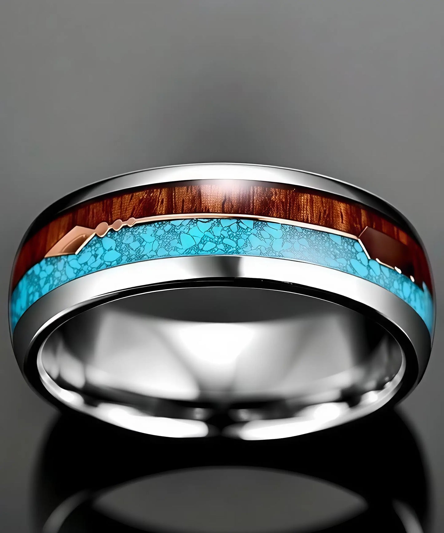 Bague en bois Flèche de Cupidon Terre et Mer en tungstène poli, décorée d’une flèche cuivrée, d’une incrustation turquoise éclatante et d’une bande de bois de koa