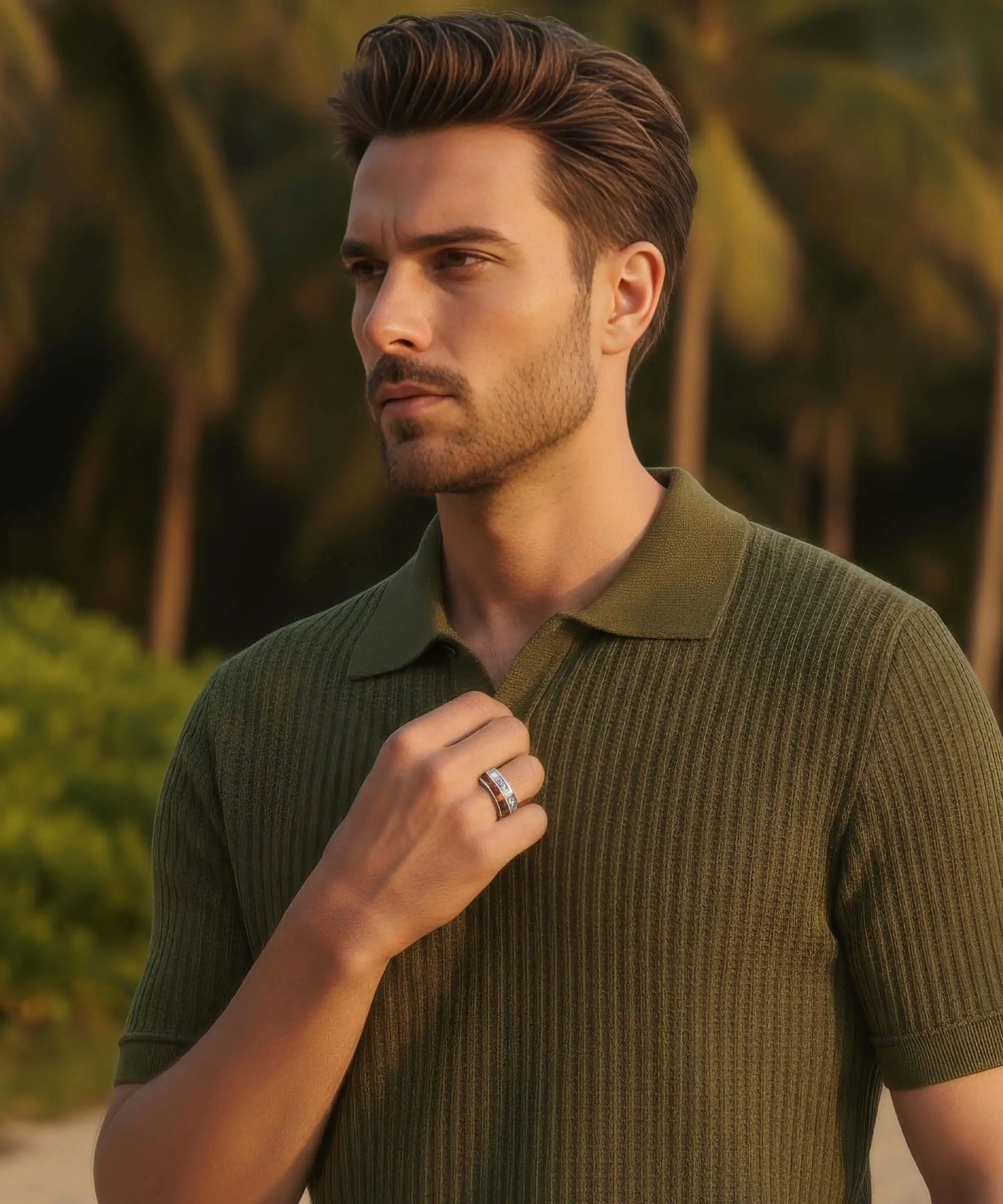 Homme en gros plan tenant son col de polo vert, mettant en avant la Bague Duo d’Eden au coucher du soleil sur la plage.