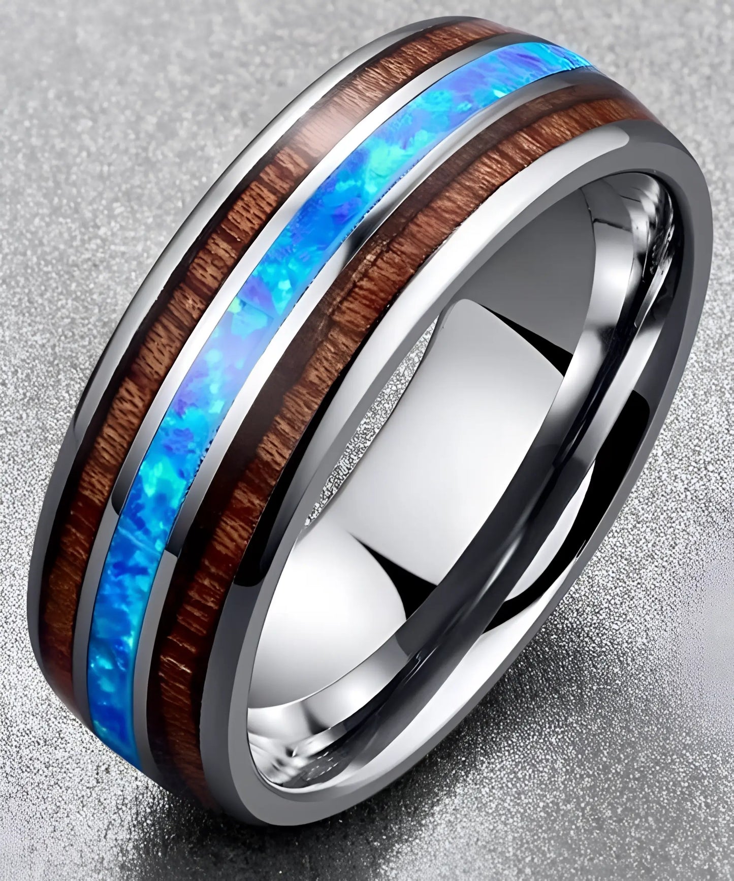 Bague Ark Opale argent en tungstène poli avec deux incrustations de bois de koa et une bande centrale en opale bleue lumineuse