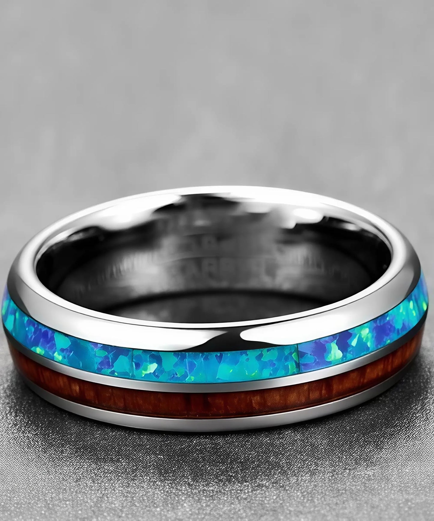 Bague Valnum en tungstène poli avec incrustation de bois de koa et opale bleue éclatante, alliance moderne et durable pour mariage ou fiançailles