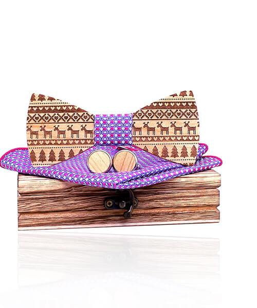 COFFRET NOEUD PAPILLON BOIS <BR> Noël magique violet / rose - Bois Eden