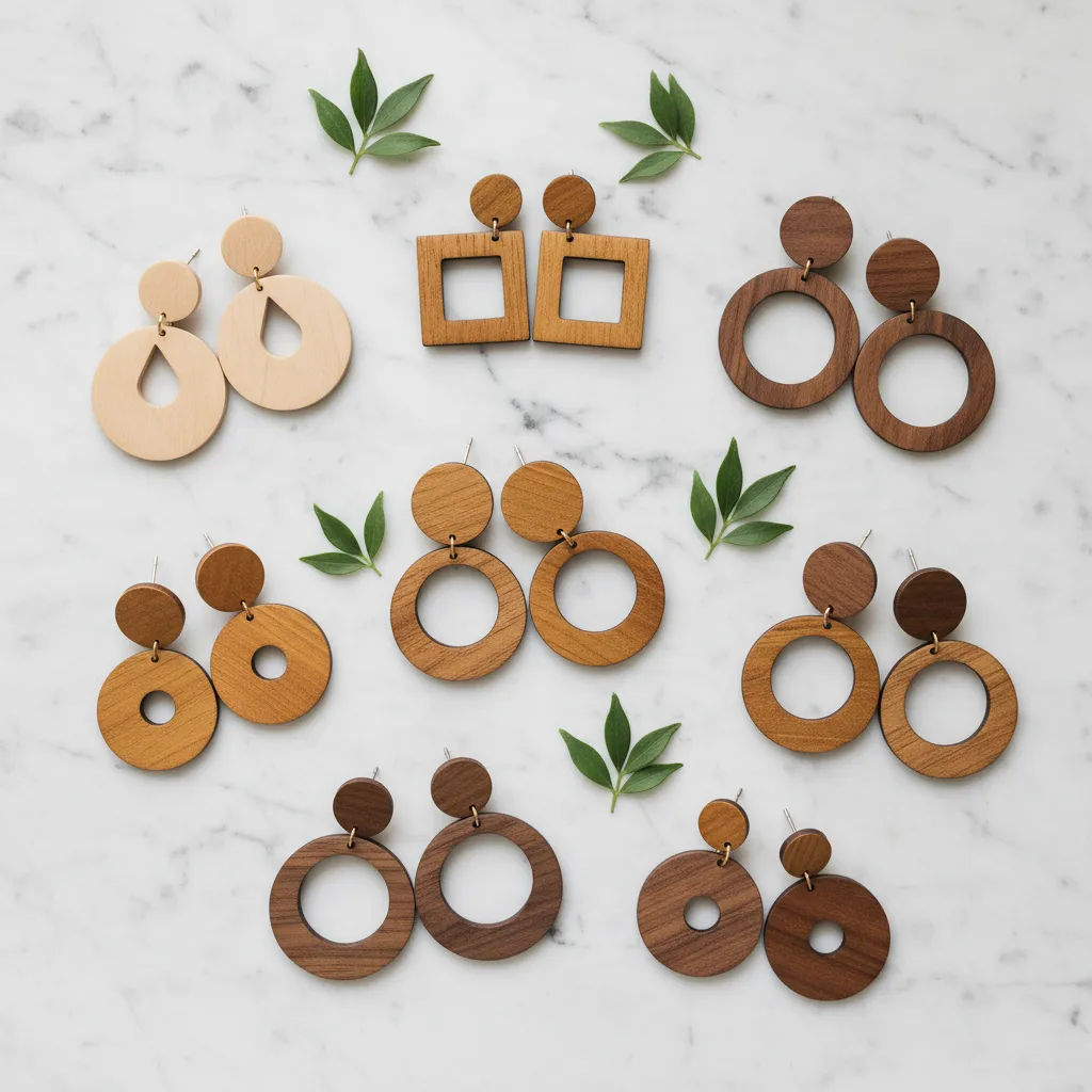 Boucles d’oreilles pendantes géométriques en bois naturel sur fond marbre blanc