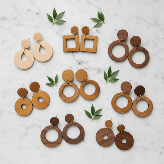 Boucles d’oreilles pendantes géométriques en bois naturel sur fond marbre blanc