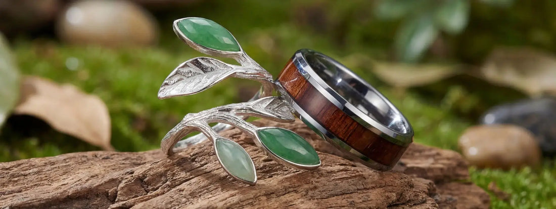bague bois et tungstène bague argent feuille pierre verte bijou nature élégant alliance bois métal design organique