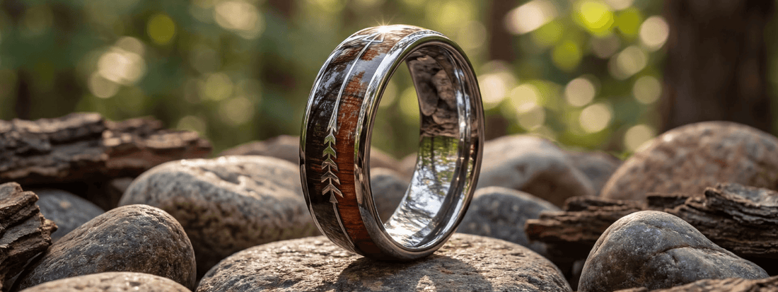 bague en tungstène et bois avec gravure flèche bijou homme robuste posé sur pierres en forêt style naturel élégant