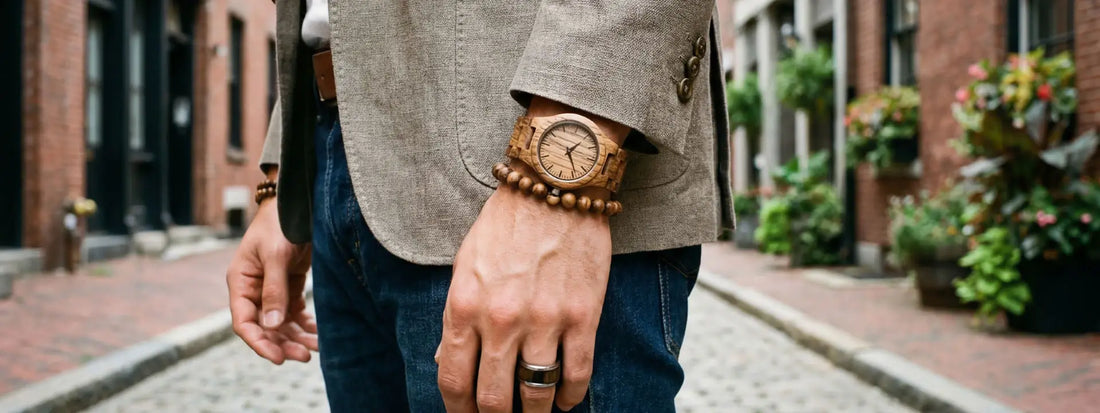 bracelet bois homme perles naturelles montre bois style urbain chic bague bois tungstène tenue casual élégante