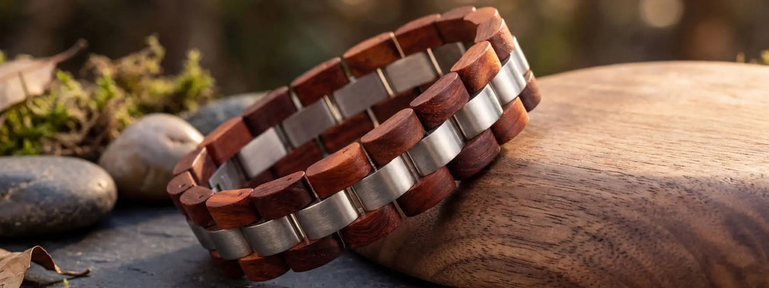 bracelet bois et acier inoxydable gros plan bijou naturel rouge design moderne unisexe accessoire tendance écologique bracelet artisanal bois métal finition soignée style élégant durable extérieur nature pierres bois naturel
