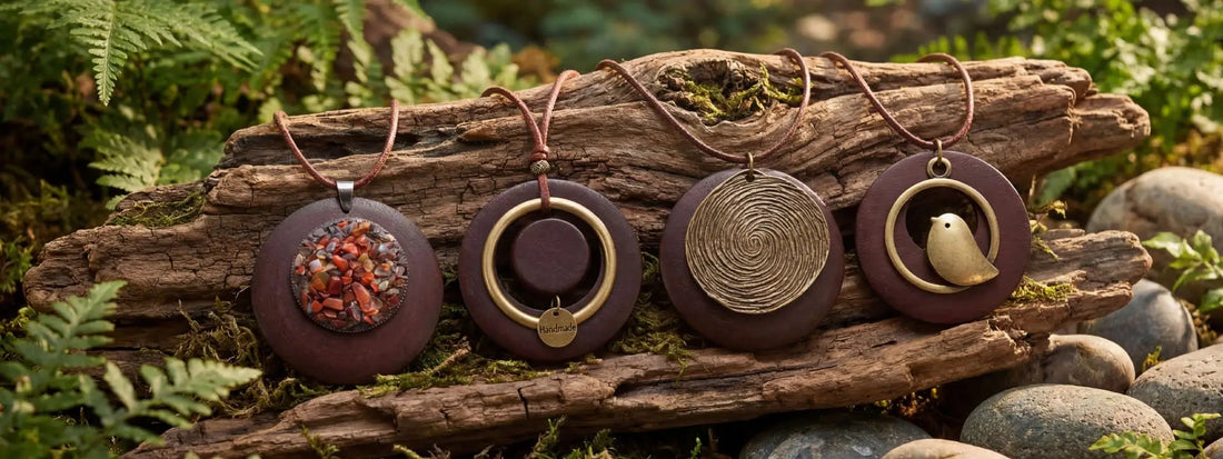 colliers bois artisanaux collection pendentifs ronds motifs nature oiseau spirale pierres naturelles bijoux bohème cordons cuir style forêt élégant fait main