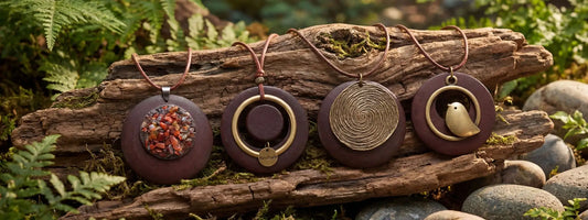 colliers bois artisanaux collection pendentifs ronds motifs nature oiseau spirale pierres naturelles bijoux bohème cordons cuir style forêt élégant fait main
