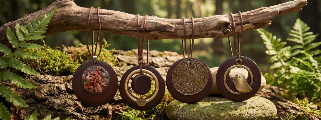colliers bois artisanaux pendentifs ronds naturels bijoux faits main collection bohème chic cordons cuir accessoires nature design authentique style écoresponsable pierres incrustées motifs symboliques élégants