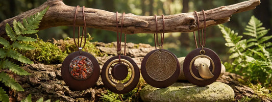 colliers bois artisanaux pendentifs ronds naturels bijoux faits main collection bohème chic cordons cuir accessoires nature design authentique style écoresponsable pierres incrustées motifs symboliques élégants
