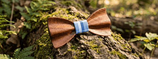 noeud papillon en bois posé sur tronc mousse forêt accessoire homme naturel élégant tissu bleu détail artisanal