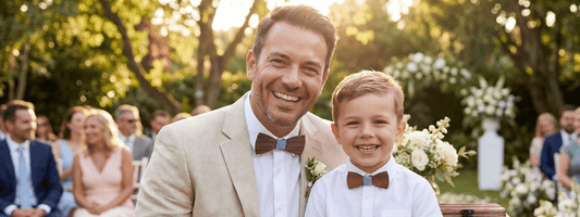 noeud papillon en bois père et fils assortis mariage style élégant naturel complicité familiale cérémonie extérieure