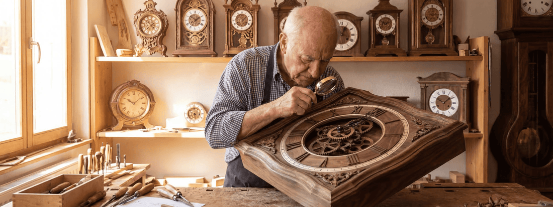 artisan horloger travaillant sur horloge en bois atelier traditionnel mécanique engrenages horlogerie ancienne ambiance chaleureuse