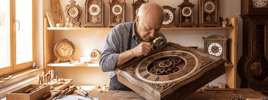 artisan horloger travaillant sur horloge en bois atelier traditionnel mécanique engrenages horlogerie ancienne ambiance chaleureuse