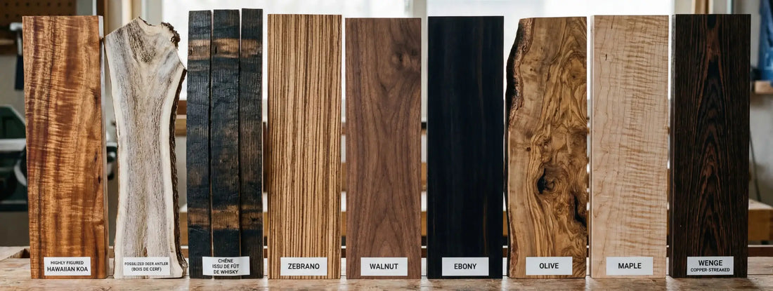 essences de bois pour bague comparaison koa zebrano noyer ébène olivier érable wengé textures naturelles bois brut collection