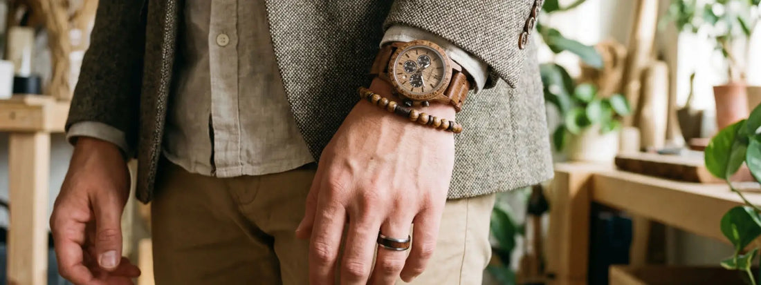 bracelet bois perles naturelles montre bois homme bague bois tungstène style élégant tenue casual chic