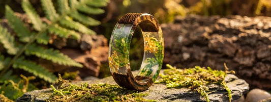 bague bois et résine transparente inclusion nature mousse végétale bijou artisanal design unique bague naturelle forêt