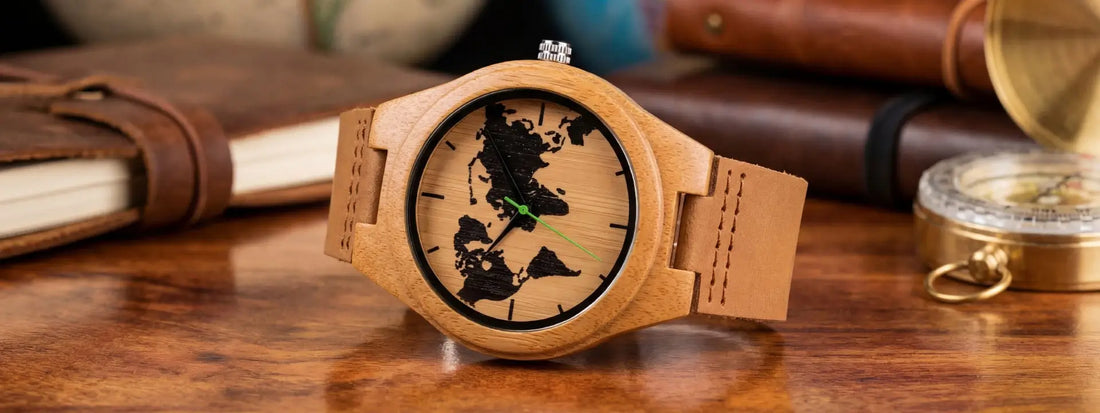 montre en bois carte du monde cadran original voyage style vintage bracelet cuir naturel montre écologique homme accessoire élégant globe design unique horlogerie bois aventurier