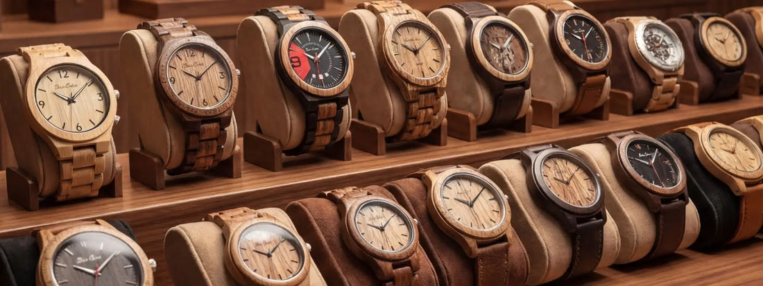 montres en bois homme collection complète différents modèles cadrans naturels bracelets bois et cuir présentation élégante vitrine boutique style artisanal luxe naturel