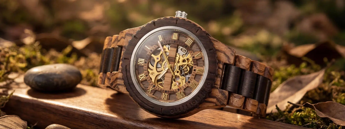 montre en bois automatique homme mécanisme apparent cadran squelette chiffres romains bracelet bois naturel style vintage luxe artisanal ambiance nature premium