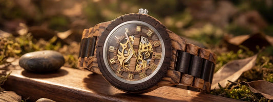 montre en bois automatique homme mécanisme apparent cadran squelette chiffres romains bracelet bois naturel style vintage luxe artisanal ambiance nature premium