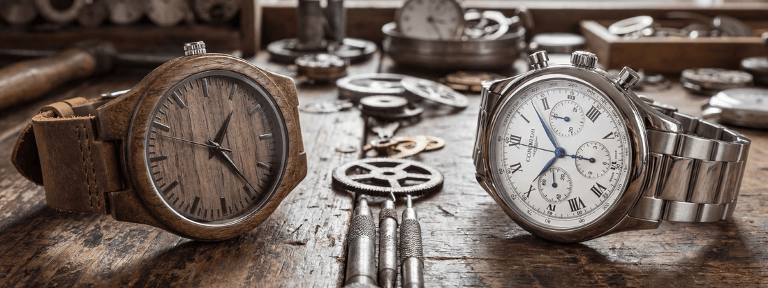 montre en bois et montre classique comparatif horlogerie sur établi outils mécanisme style vintage et moderne