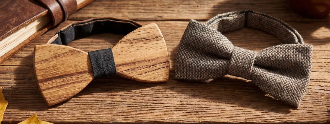 noeud papillon en bois vs noeud papillon tissu comparatif style naturel élégance accessoires homme sur table bois