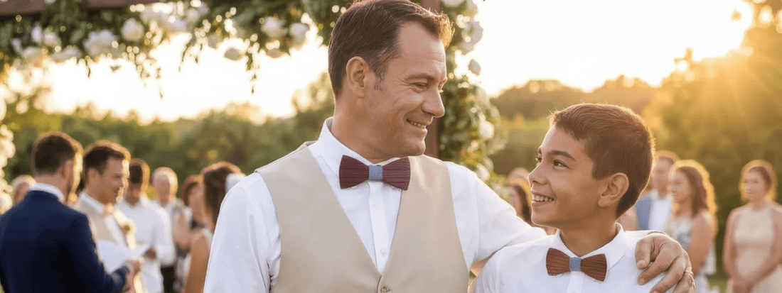 noeud papillon en bois père et fils assortis tenue mariage élégante complicité familiale cérémonie extérieure style naturel