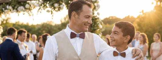 noeud papillon en bois père et fils assortis tenue mariage élégante complicité familiale cérémonie extérieure style naturel