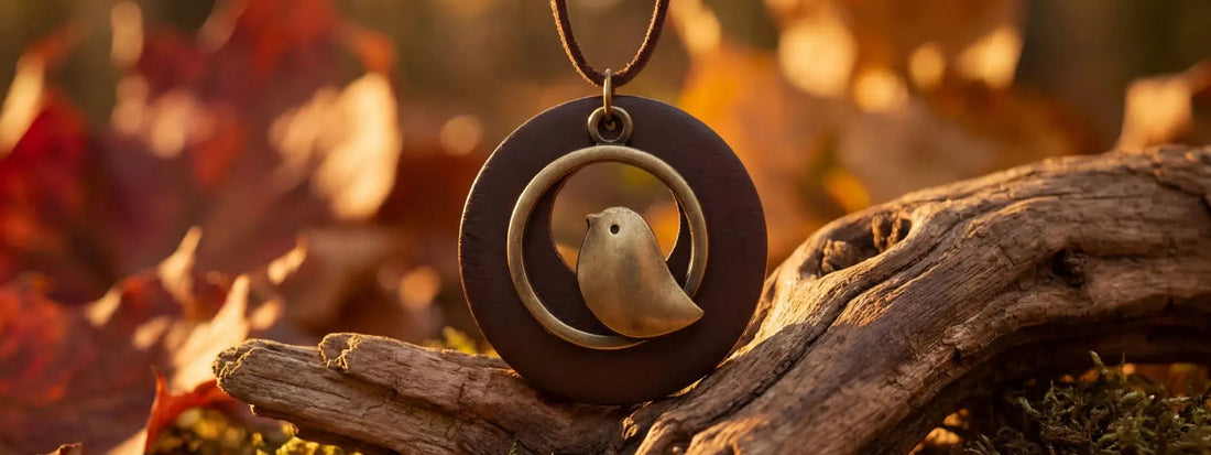 pendentif bois et métal motif oiseau collier artisanal symbole nature bijou bohème cordon cuir ambiance automne forêt style authentique élégant