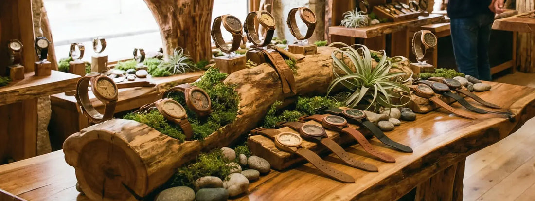 montres en bois artisanales collection boutique naturelle présentoir bois design écologique montres homme femme bracelets cuir style authentique horlogerie bois tendance écoresponsable accessoires élégants fait main