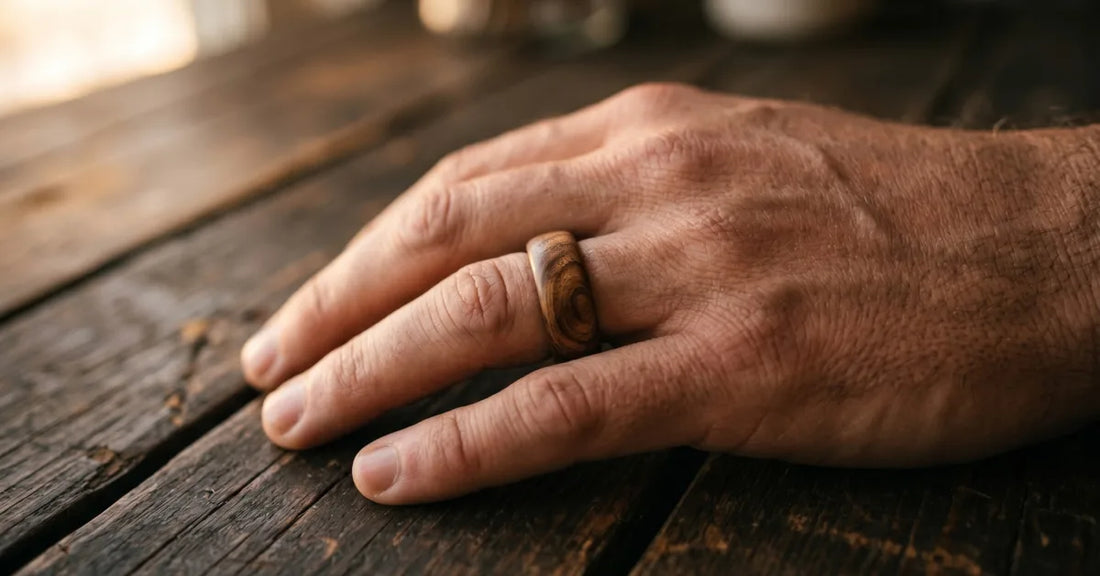 Bague en bois pour homme guide complet, main d'homme portant une bague en bois sur fond naturel