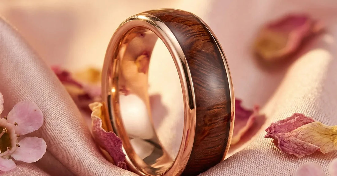 Bague or rose et bois incrustée de pétales de roses sur soie rose