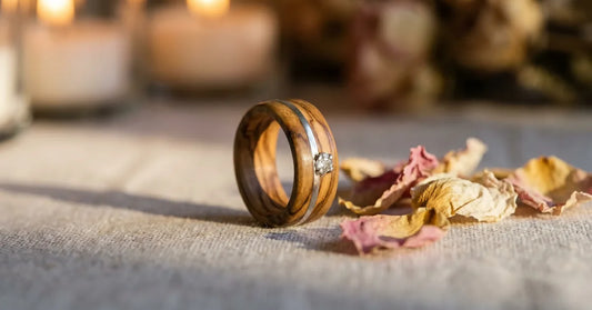 Bague de promesse en bois sur lin clair entouree de petales, ambiance romantique