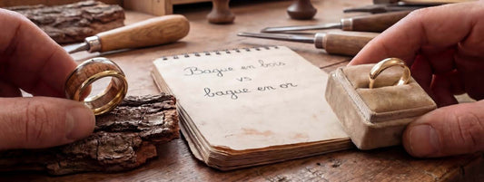 Comparaison entre une bague en bois et une bague en or posées sur un établi d’atelier de bijoutier.