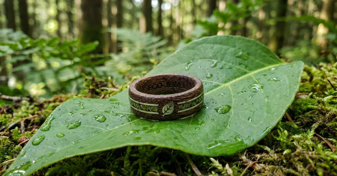Bague en bois sur feuille verte, bijou a faible empreinte carbone