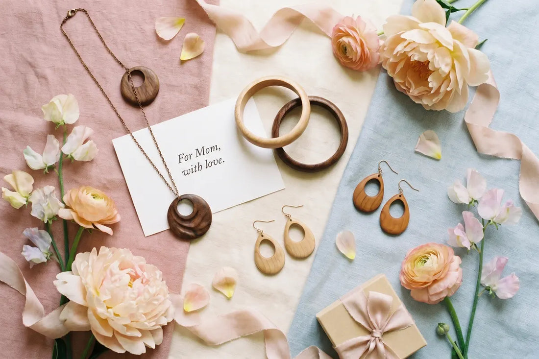 Bijoux en bois pour la fete des meres sur fond pastel avec fleurs