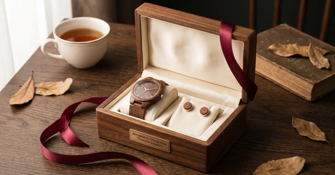 Cadeau de retraite en bois : montre et boucles d'oreilles dans un ecrin elegant