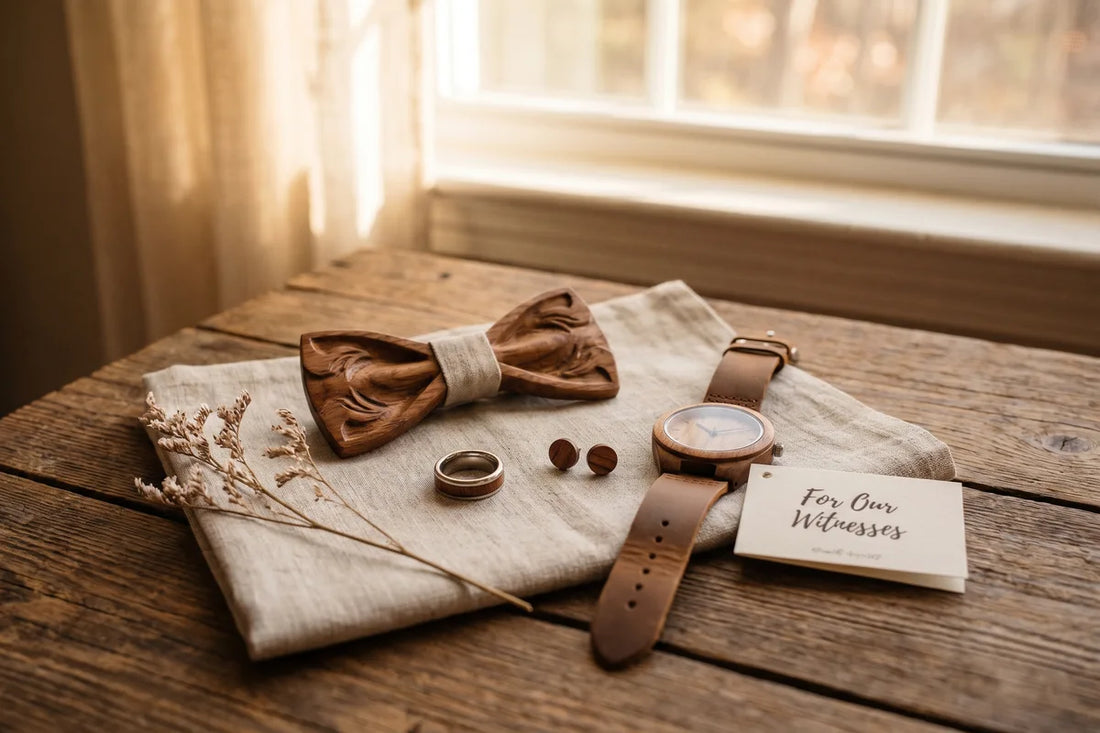 Cadeaux temoins de mariage en bois : noeud, bague, boucles, montre