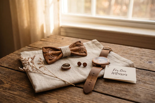 Cadeaux temoins de mariage en bois : noeud, bague, boucles, montre