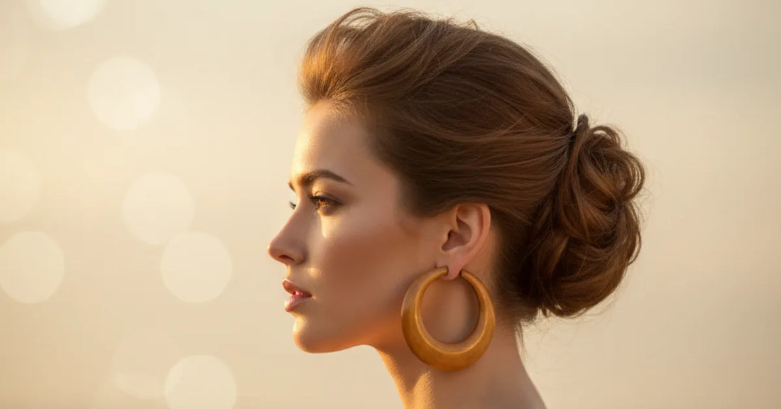 Femme portant des boucles d'oreilles créoles en bois élégantes, profil