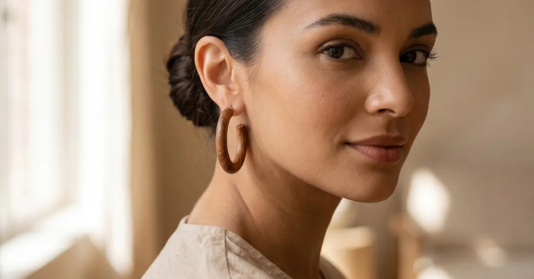 Femme portant des boucles d'oreilles en bois, harmonie avec la forme du visage