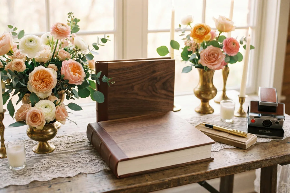 Livre d'or de mariage en bois sur une table fleurie