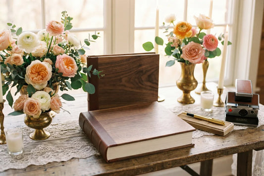 Livre d'or de mariage en bois sur une table fleurie