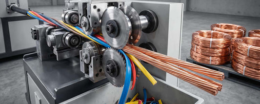 Machine à dénuder automatique séparant le cuivre des gaines colorées dans un atelier de recyclage de ferraille