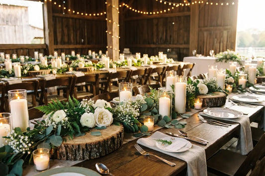 Decoration de mariage nature et bois avec rondins et fleurs