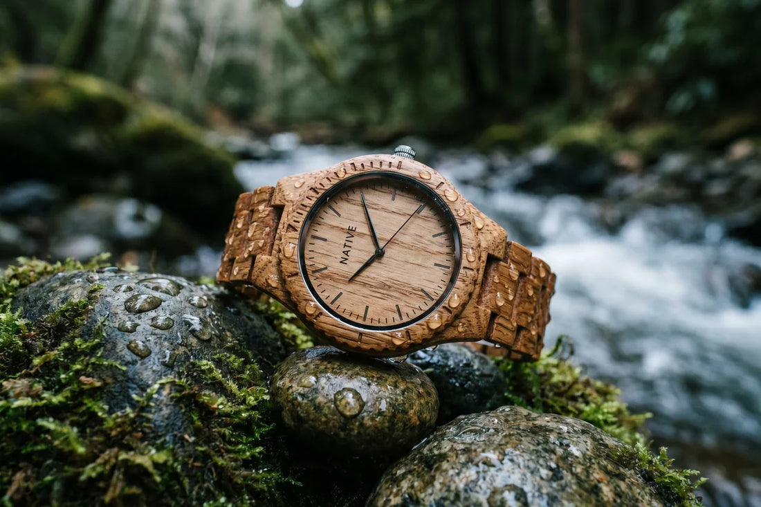 Montre en bois avec gouttes d'eau, resistance a l'eau